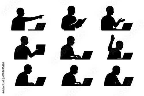 Silhouettes of online teaching gestures including pointing checking notes talking presenting typing raising hand and leaning in for education visuals.