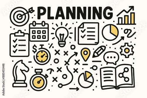 Planning sketch doodle flat vector poster with headline and assorted planning icons around.