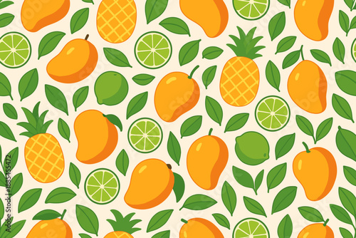 Tropical fruit food vector seamless pattern with pineapples mangos limes and leaves.
