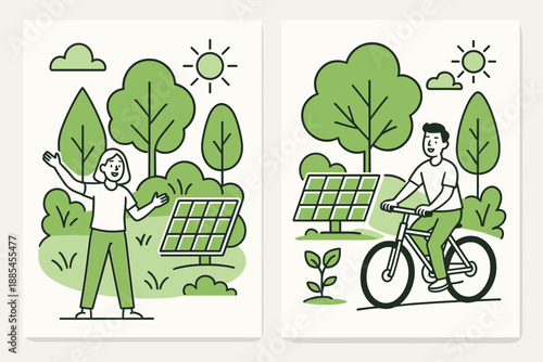 Green eco living vector two a4 posters poster illustrating trees solar panels bicycle and happy characters.