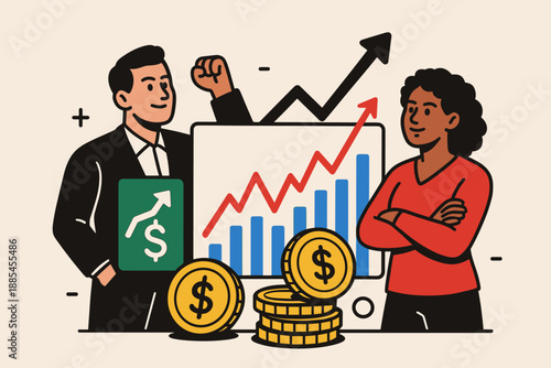 Finance investment portfolio flat vector banner featuring stocks charts coins and confident characters.