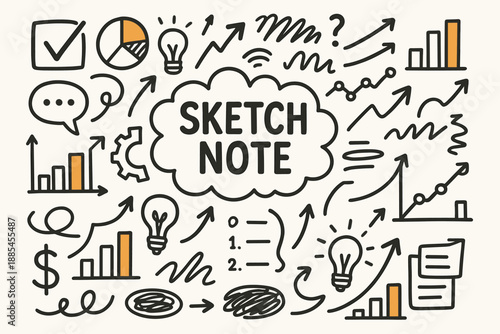 Sketch note brainstorm flat vector doodle poster with headline surrounded by arrows charts scribbles.