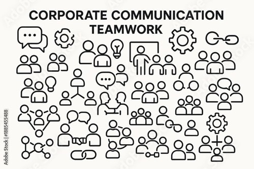 Corporate communication teamwork vector icons poster with headline and speech bubble gear link icons.
