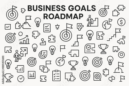 Business goals roadmap vector icons poster featuring headline with target flag puzzle icons.