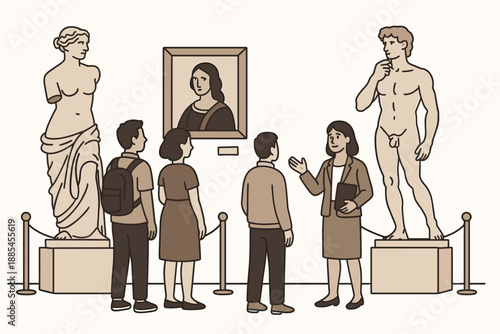 Museum art tour flat vector illustration with statues frames guided visitors in calm hall.