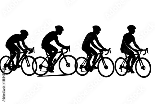 Cyclist rider athlete silhouette set showing road racing uphill and cooldown positions.
