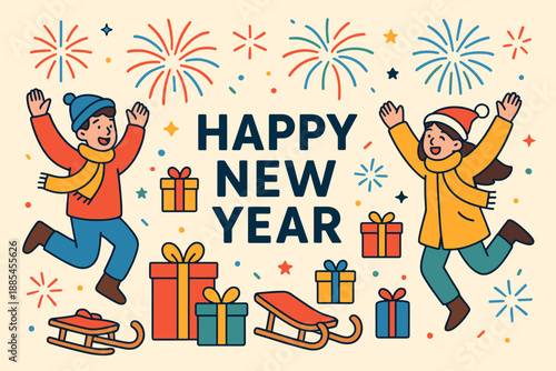 New Year winter joy flat cartoon holiday banner with fireworks gifts sleds and excited characters.