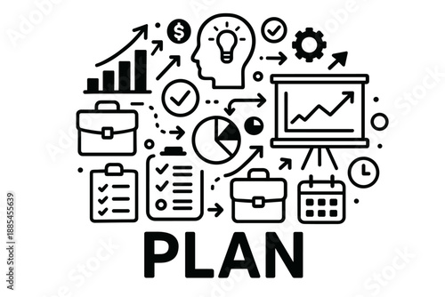 Poster icon vector business management titled PLAN filled with many symbols like charts briefcases arrows and calendars supporting organized workflow.