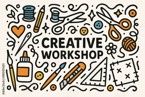 Creative workshop doodle flat vector poster with headline and crafting icons like scissors glue thread.