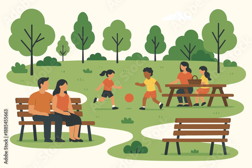 Park leisure outdoor flat vector illustration scene with benches picnic areas kids playing.