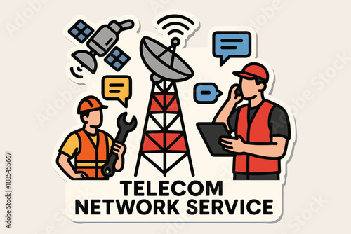 Telecom network service flat vector banner showing satellite tower messages and technicians.