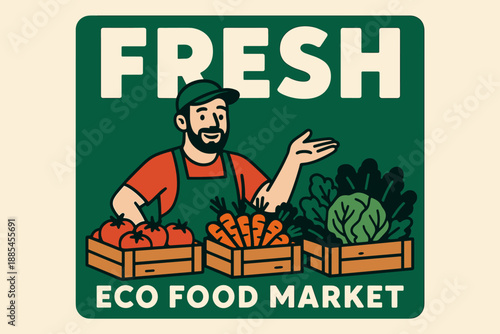 Vector flat banner eco food market banner with friendly vendor produce crates and bold FRESH text inviting clean organic choices.