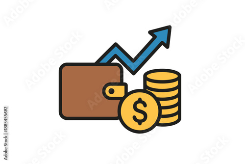 Vector icon finance budgeting icon showing simple wallet coin stack and upward arrow for personal expense tracking dashboards.