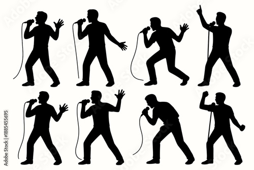 Singer performer musician silhouette set showing mic poses stage gestures expressive stances.