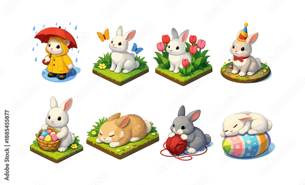 Fototapeta premium Collection of cute isometric cartoon bunnies in various adorable scenes and activities