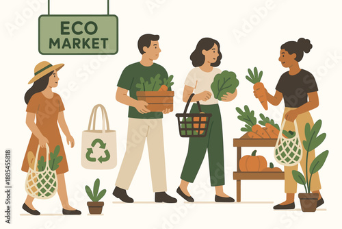 Eco shopping market flat vector illustration scene buyers produce bags baskets greenery.