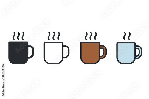 Mug cup teacup four style vector icon set hot drink object café theme.