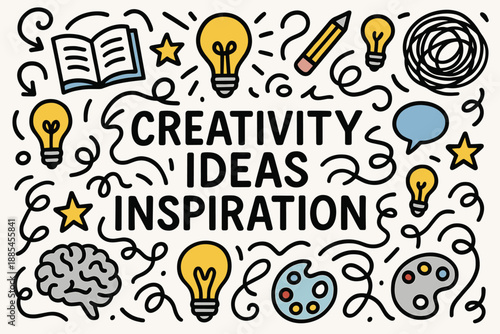 Creativity ideas inspiration flat vector doodle poster central headline doodle icons lightbulbs scribbles.