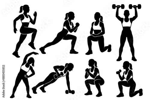 Fitness athlete trainer silhouette set multiple poses workout motions.