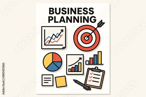 Business planning strategy vector A4 poster illustration charts targets notes.