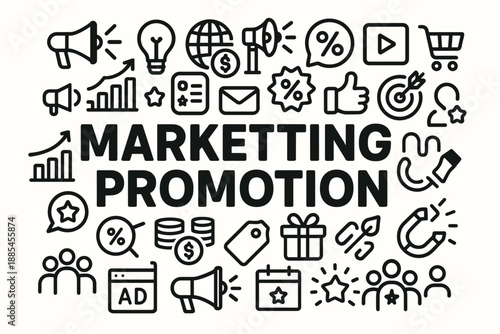 Marketing promotion advertising vector icons poster bold central headline with product symbols.