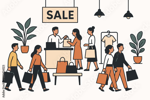 Shopping mall scene flat vector illustration with customers bags counters and décor.