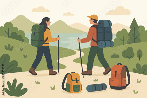 Travel adventure scene flat vector illustration with hikers backpacks trails and calm background.
