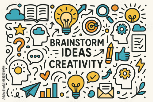 Brainstorm ideas creativity flat vector doodle poster with headline surrounded by mindmap doodles.