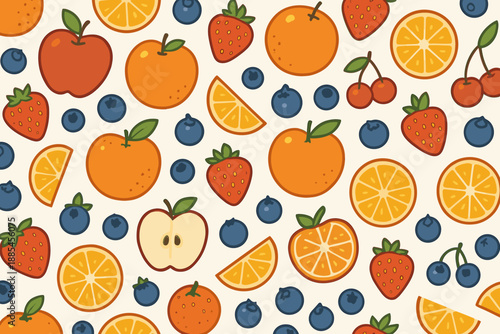 Fruit food nutrition vector seamless pattern with apples oranges berries and slices.