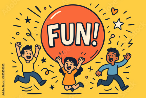 Fun excitement joy flat cartoon comic banner with oversized balloon and tiny happy characters.