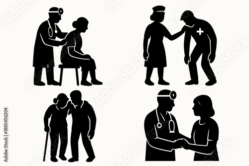 Doctor nurse medic silhouette set showing caregiving supportive poses.