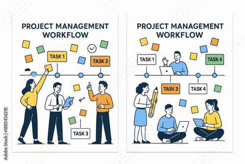 Project management workflow vector two a4 posters poster with timelines tasks characters and sticky notes.