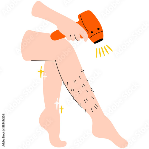 Woman shaving legs with electricl laser hair removal device. Hair removal and smooth skin concept for beauty routine, skincare and self care design.