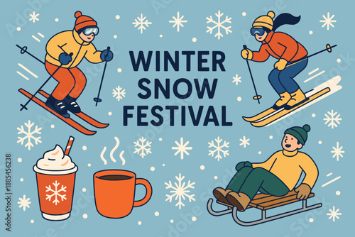 Winter snow festival flat cartoon holiday banner with skiers snowflakes and warm drinks.