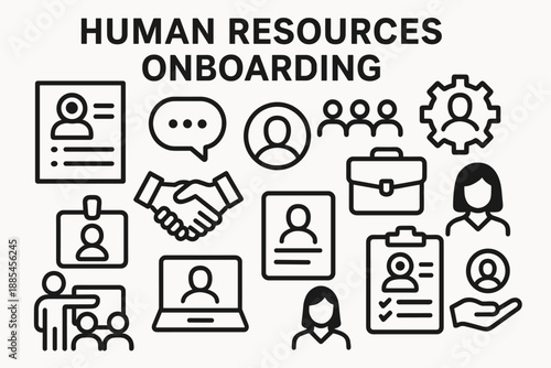 Human resources onboarding vector icons poster with headline and candidate profile gear chat symbols.