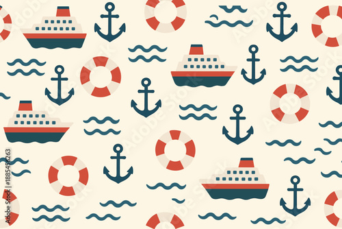 Sea travel cruise vector seamless pattern with ships anchors lifesavers and waves.