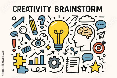 Creativity brainstorm doodle flat vector poster with headline and concept doodle items.