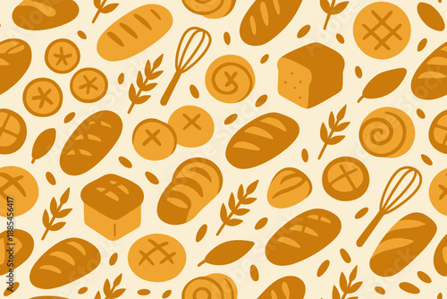 Bakery bread pastry vector seamless pattern including loaves buns whisks and grain leaves.