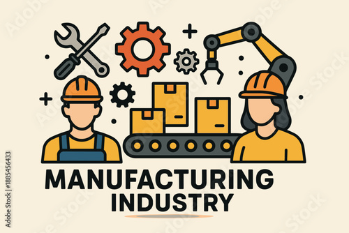 Manufacturing industry factory flat vector banner featuring conveyor tools gears and staff.