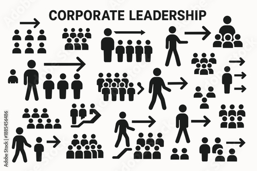 Corporate leadership direction vector icons poster with headline arrow leader follower icons.