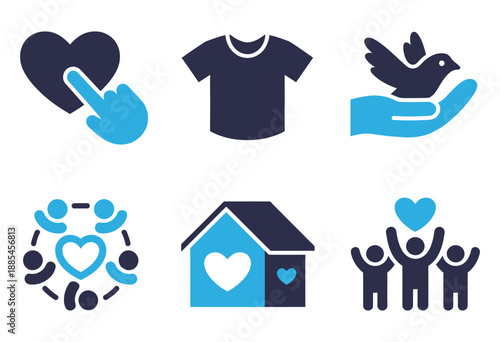 Philanthropy and compassionate aid icon set, collection of solid glyph icons depicting charity, humanitarian aid, volunteer support, and social responsibility