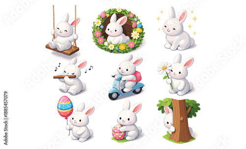 Cute cartoon bunnies engaged in various Easter activities and spring themes