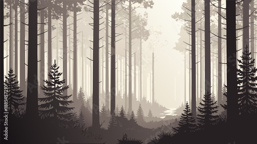 Vector illustration of a serene forest landscape with tall trees, mist, and a distant lake viewed from a low vantage point, as seen in 209.eps