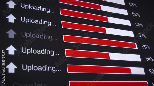 Video animation of the process of uploading multiple files from the Internet on a computer monitor screen. A computer monitor displaying information about the data upload in real time, including perce