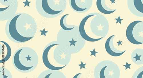 Moon and Star Vector Seamless Pattern with Pastel Circles on Light Background for Kids