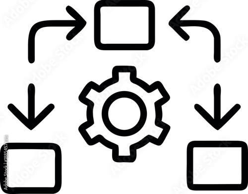 Simple black and white line art icon clearly illustrating a workflow process management system featuring a central gear mechanism surrounded by connected process blocks and directional arrows indicate