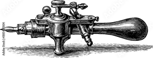 Detailed vintage engraving of antique measuring calipers with botanical elements