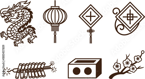 Six ancient chinese symbols isolated on transparent background