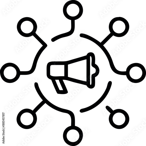 Simple black and white line art icon illustrating a central megaphone symbolizing broad communication and interconnected digital marketing strategies linking multiple network nodes for widespread prom