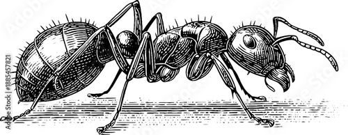 Intricate vintage engraving of ant queen anatomy from 19th century botanical study